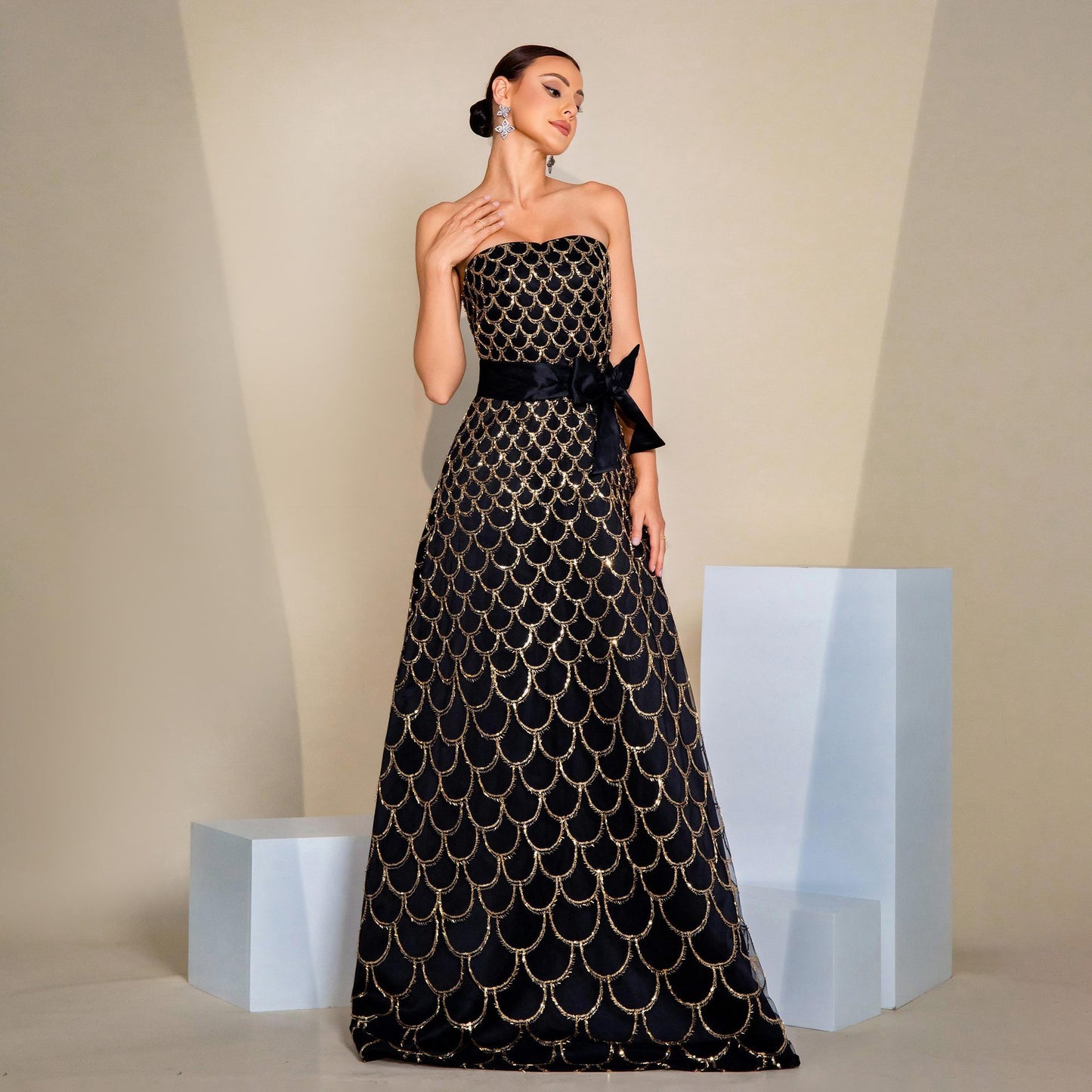 Black Off-Neck Nipped-Waist Sequined Evening Dress