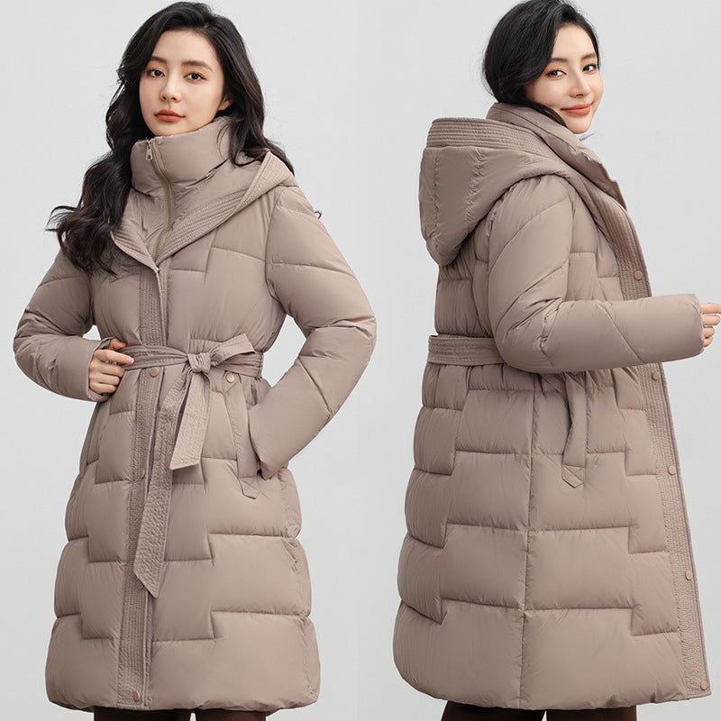 Mid-length Hooded Women’s Winter Coat with Waist Trimming and Down Cotton Filling - Vogue Aura