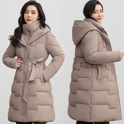 Mid-length Hooded Women’s Winter Coat with Waist Trimming and Down Cotton Filling - Vogue Aura