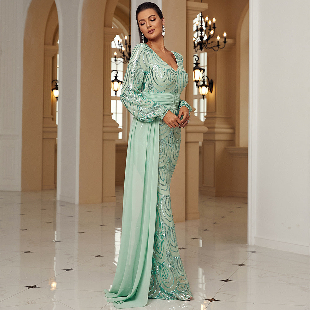 Elegantly Sequined Long Sleeve Evening Dress - Vogue Aura