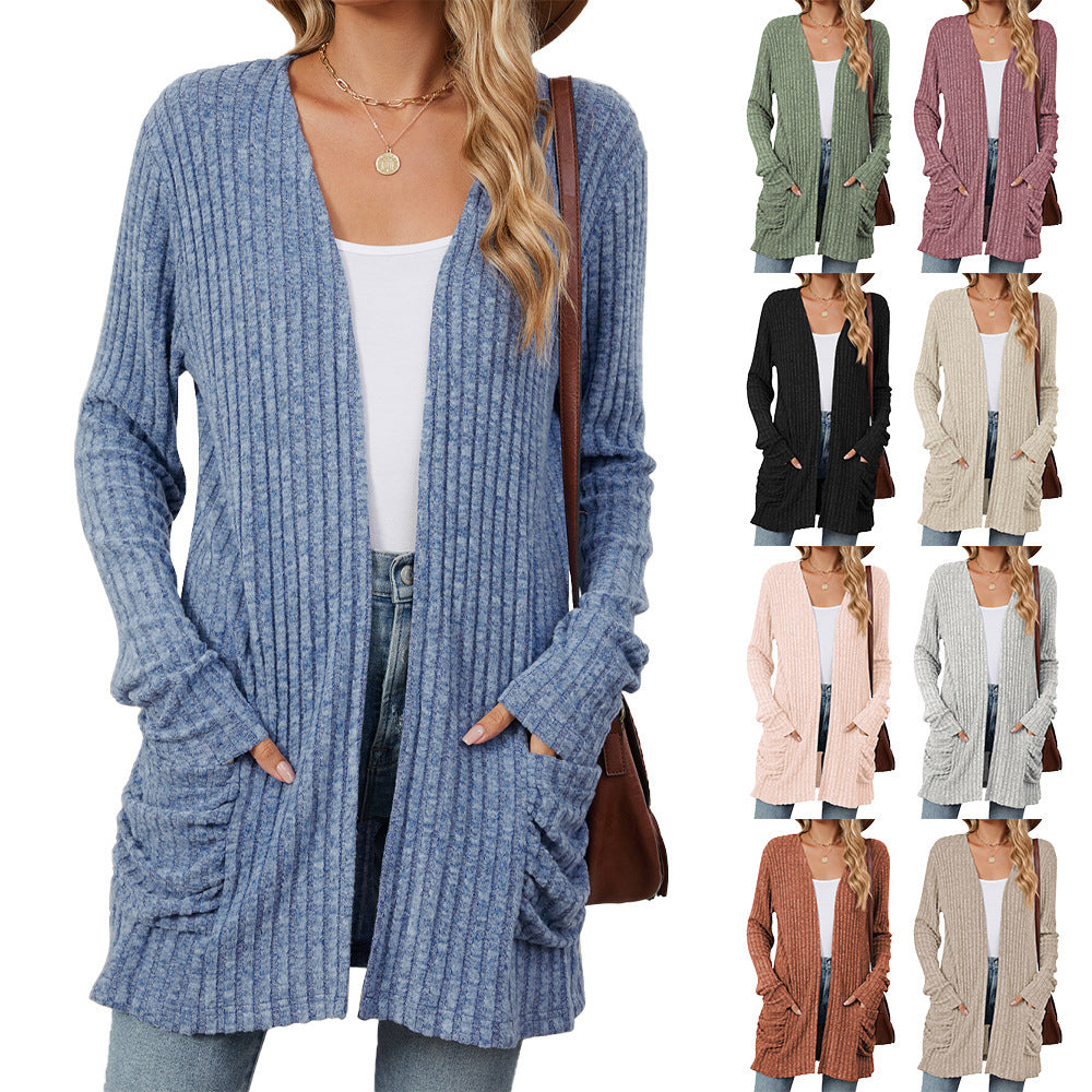 Essential Long Sleeve Pocket Cardigan in Solid Colours - Vogue Aura