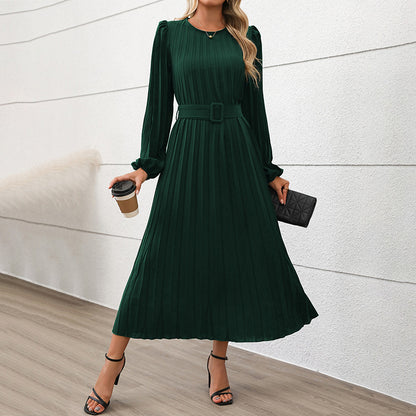 Elegant Dark Green High-Waist Long-Sleeve Dress - Vogue Aura