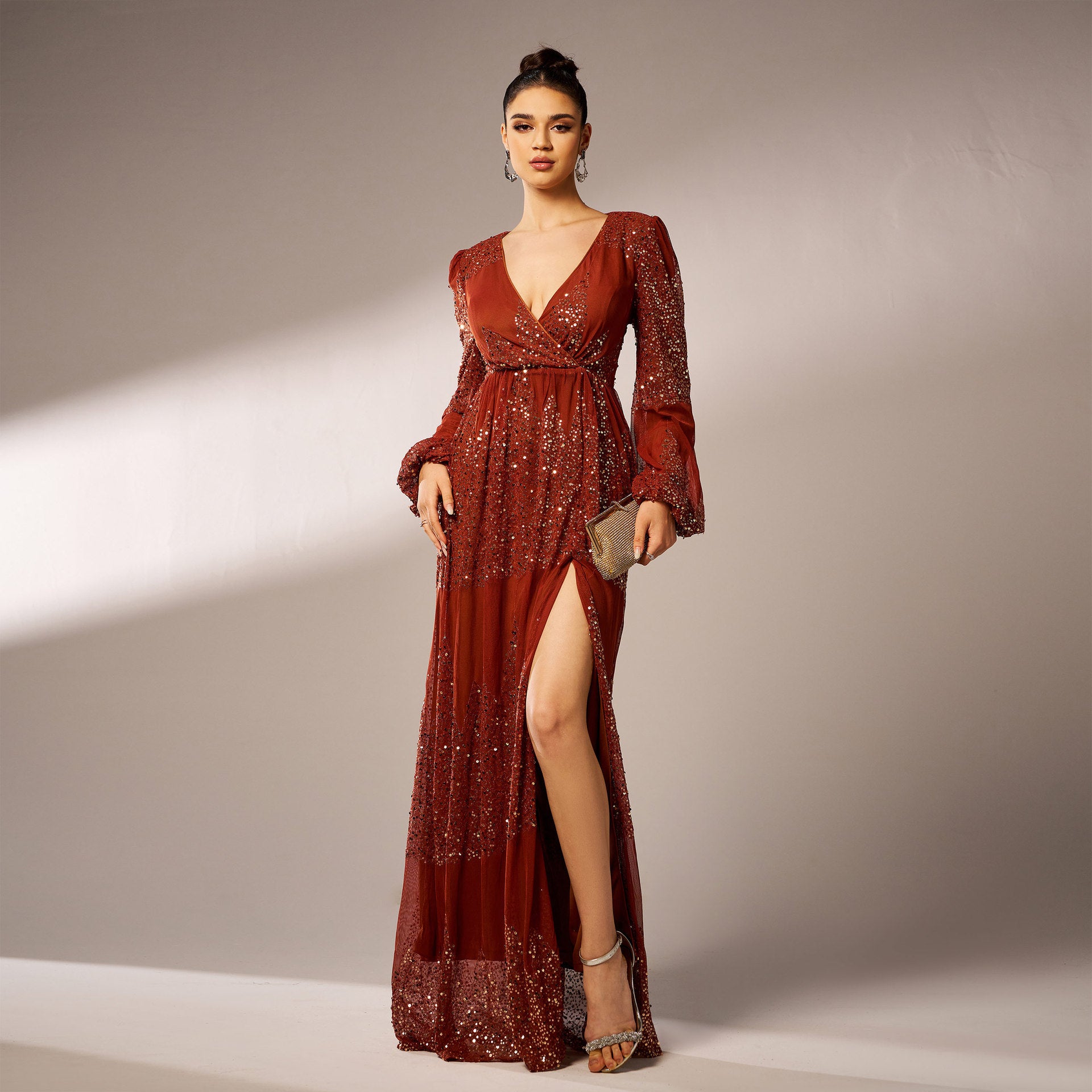 Elegant Long Sleeve Sequined Evening Dress - Vogue Aura