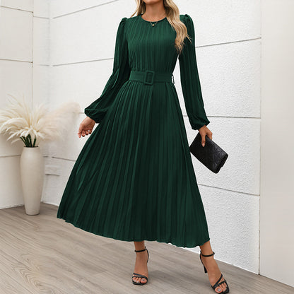 Elegant Dark Green High-Waist Long-Sleeve Dress - Vogue Aura