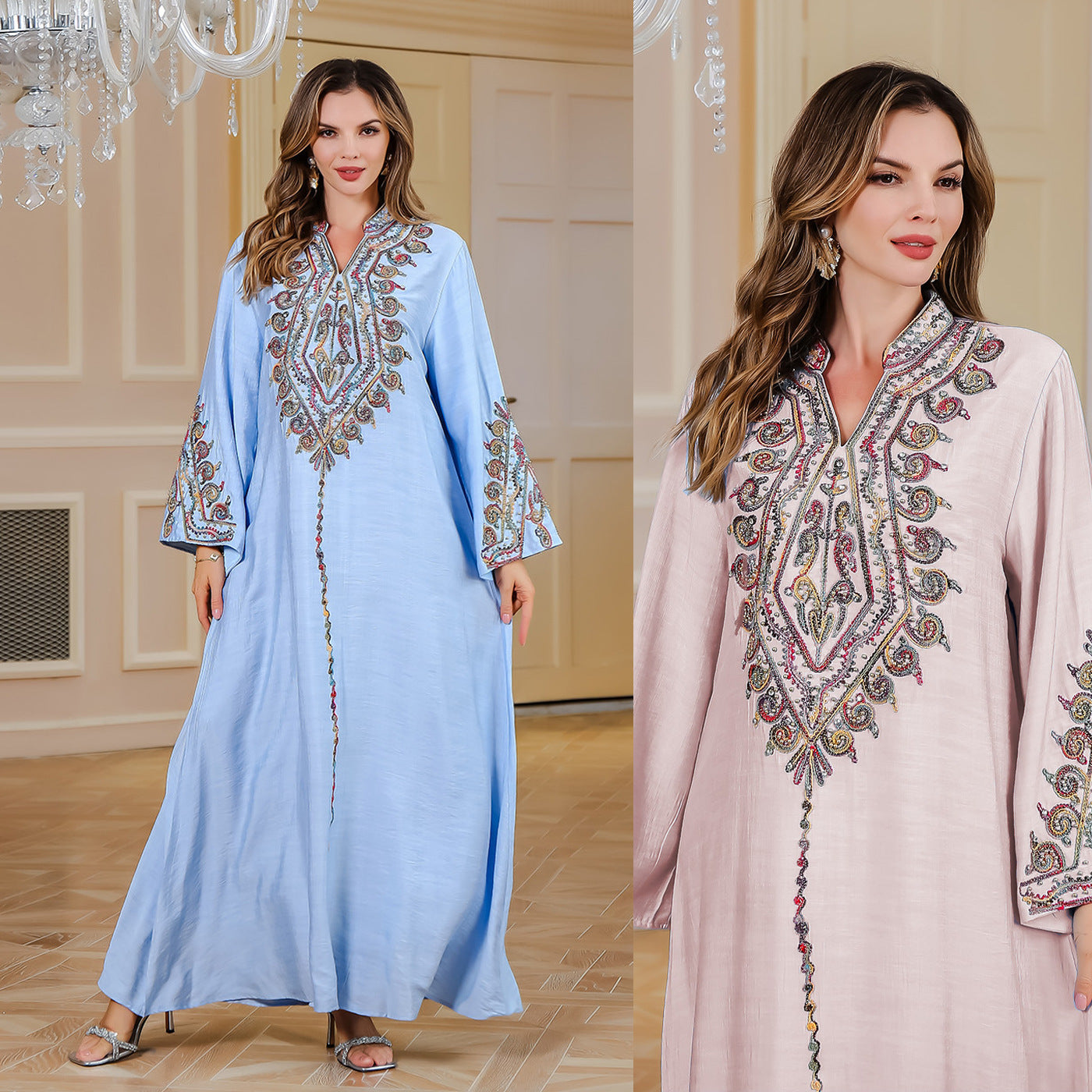 Elegant Sky Blue Long Dress with Rope Embroidery - Vogue Aura