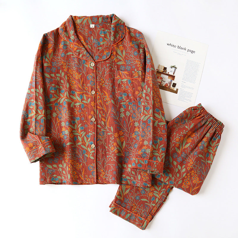 Cotton Yarn-dyed Jacquard Vintage Leaf Pajamas Suit Women - Vogue Aura