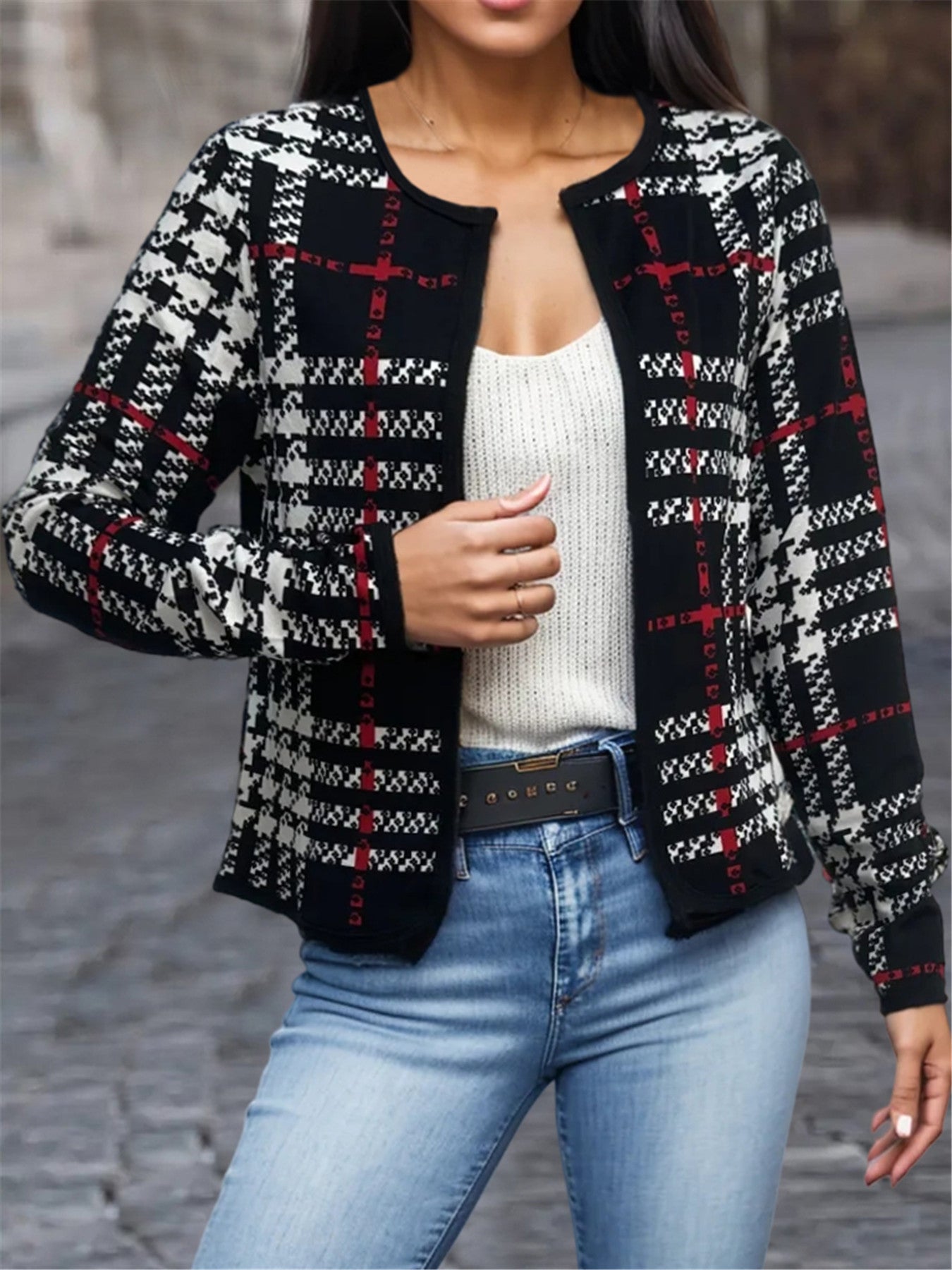 Versatile Women's Checkered Casual Jacket - Vogue Aura