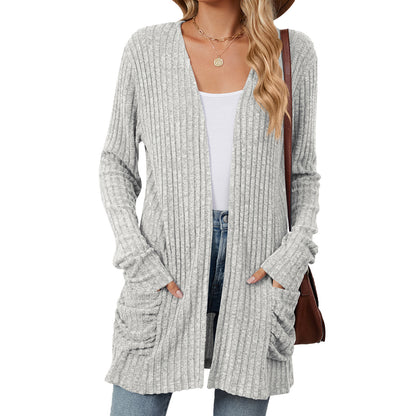 Essential Long Sleeve Pocket Cardigan in Solid Colours - Vogue Aura