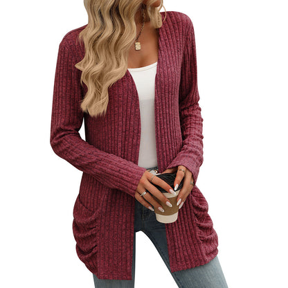 Essential Long Sleeve Pocket Cardigan in Solid Colours - Vogue Aura