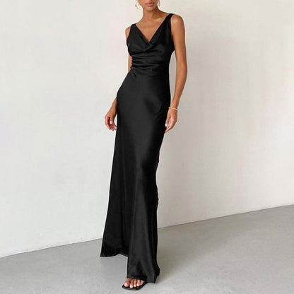 Elegant Black Satin High-Waist Long Dress - Vogue Aura