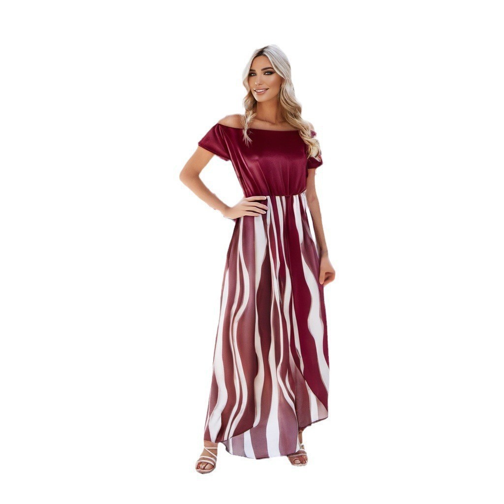 Elegant Off-the-Shoulder Striped Dress - Vogue Aura