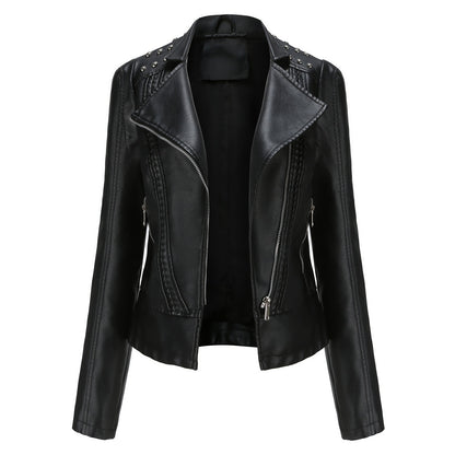 Beaded Leather Women's Long-sleeved Fashion Jacket Lapel Motorcycle Clothing Thin Women's Jacket - Vogue Aura