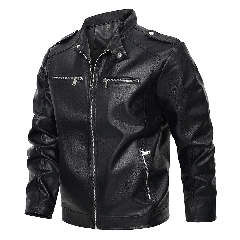 Stand Collar PU Leather Motorcycle Jacket for Men - Vogue Aura