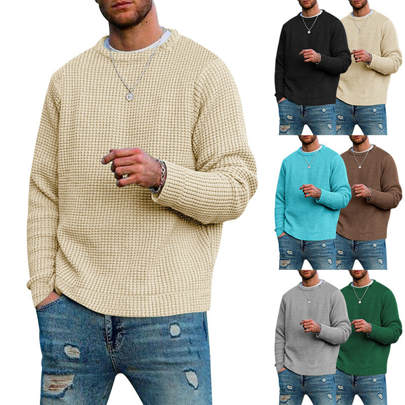 Men's Solid Color Waffle Autumn Long Sleeve Round Neck Base Sweater - Vogue Aura