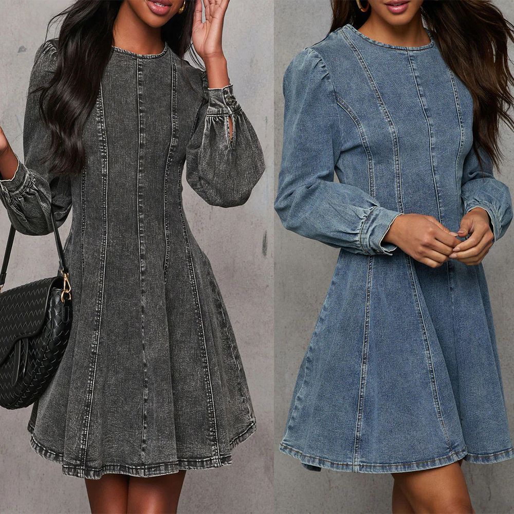 Chic Mid-Length Denim Dress in Black and Blue - Vogue Aura