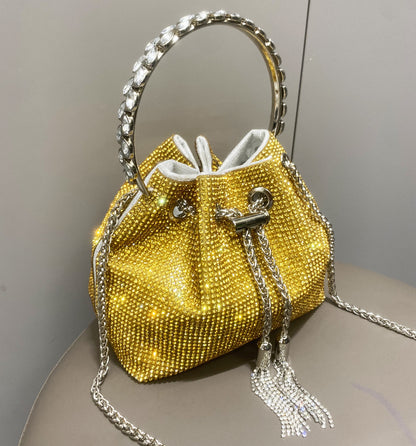 Elegant Metallic Cylinder Handbag with Shimmering Diamonds for Women - Vogue Aura