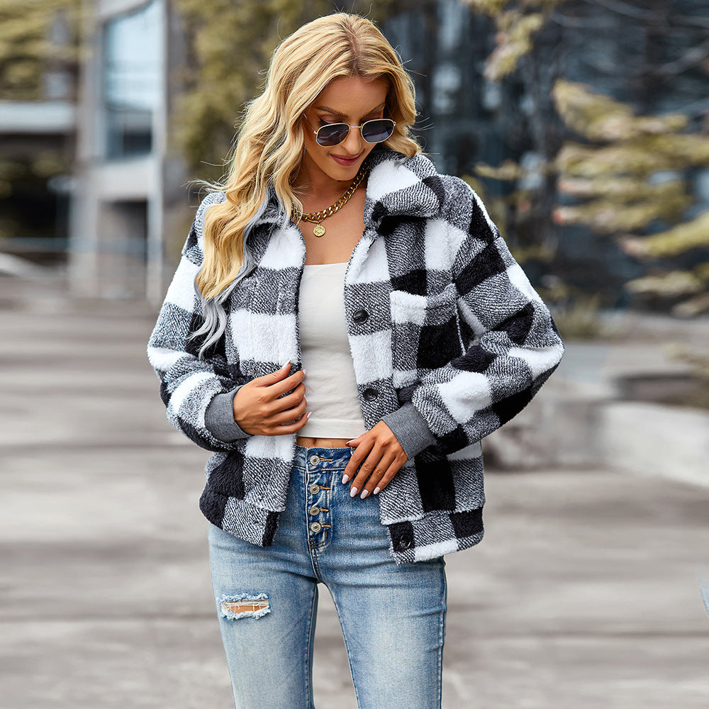 Chic Women's Plaid Fleece Coat - Vogue Aura