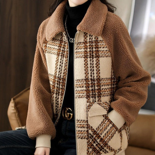 Plaid Raglan Sleeve Coat in Warm Brown