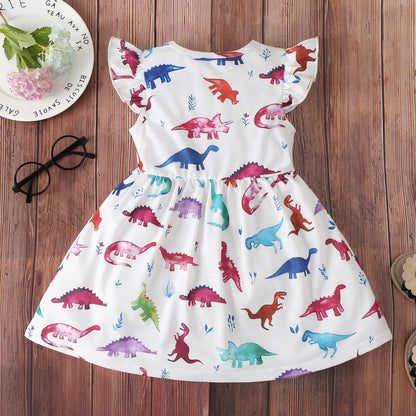 Girls' Cotton Flounced Sleeve Colorful Dinosaur Dress - Vogue Aura