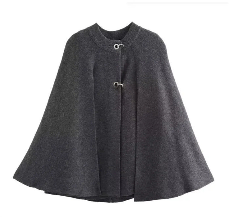 Gray Round-Collar Cape Design Knitted Coat for Women - Vogue Aura