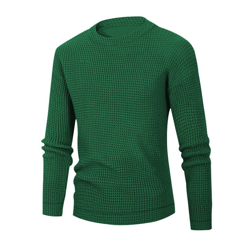 Men's Solid Color Waffle Autumn Long Sleeve Round Neck Base Sweater - Vogue Aura