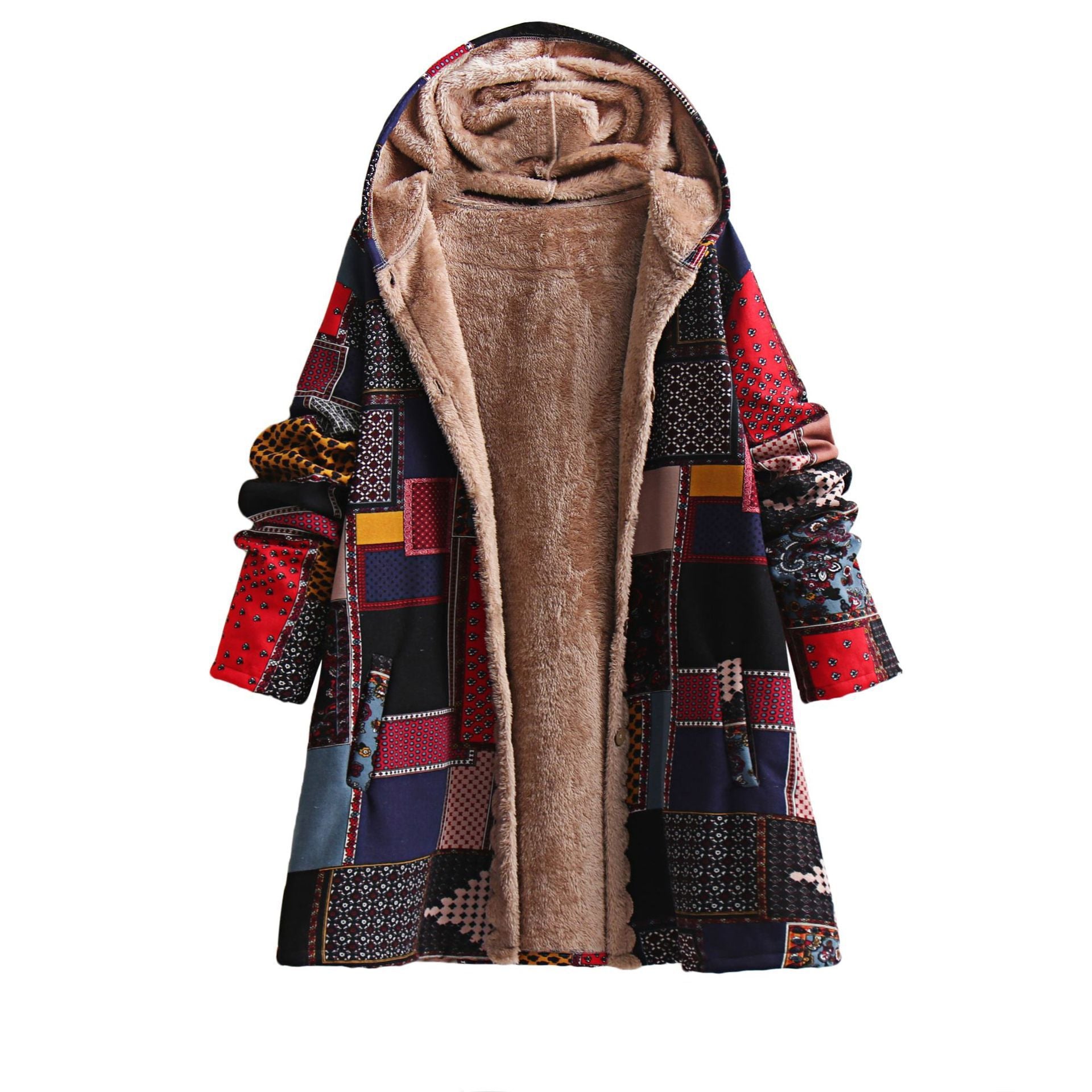 Ethnic Style Hooded Cotton-Padded Jacket in Red and Green - Vogue Aura