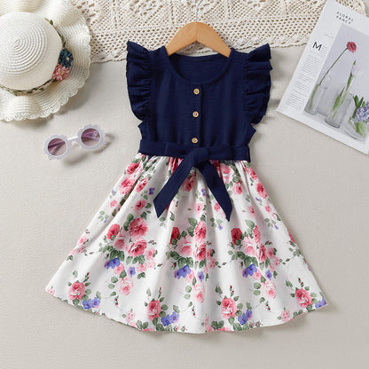 Children's Summer Spring And Summer Lace Sleeve Floral Princess Dress Free Lace-up - Vogue Aura