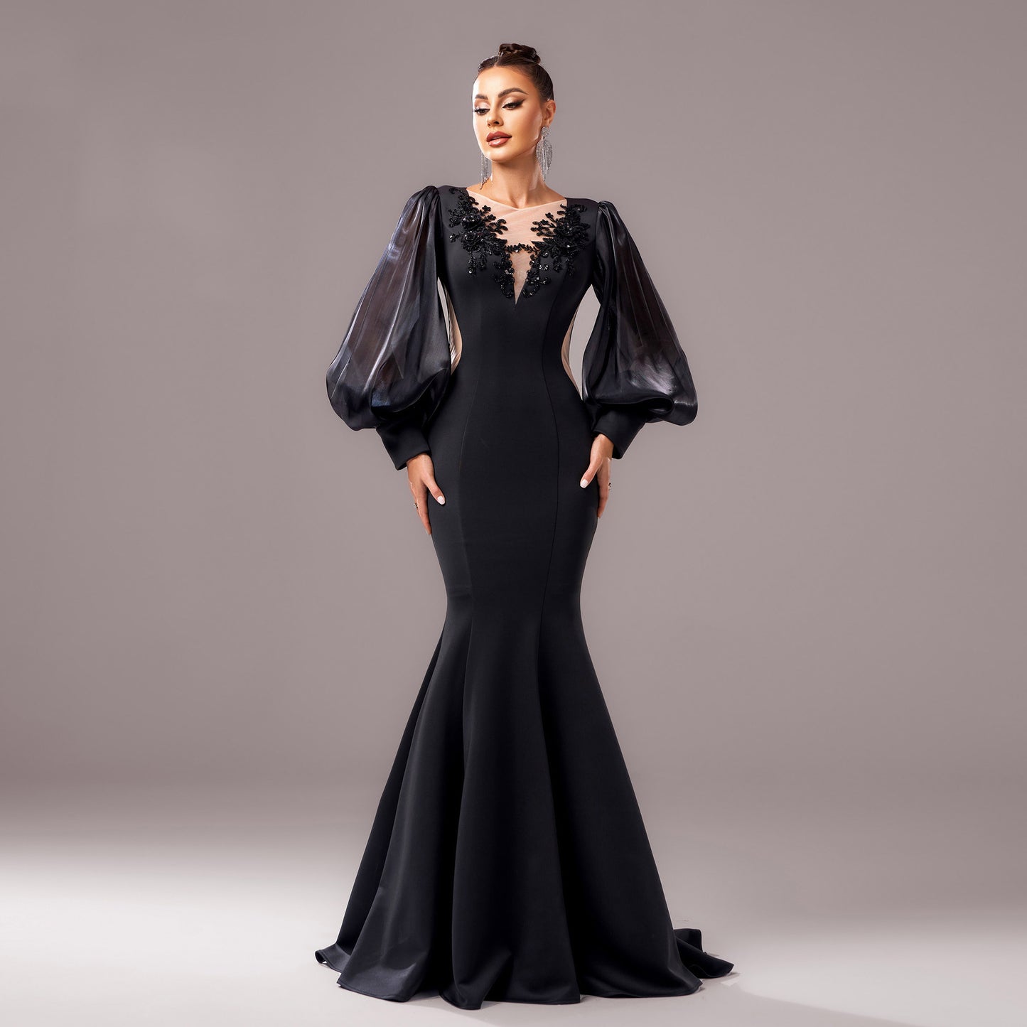 Elegant Black Long Sleeve High Waist Dress with Sequins - Vogue Aura