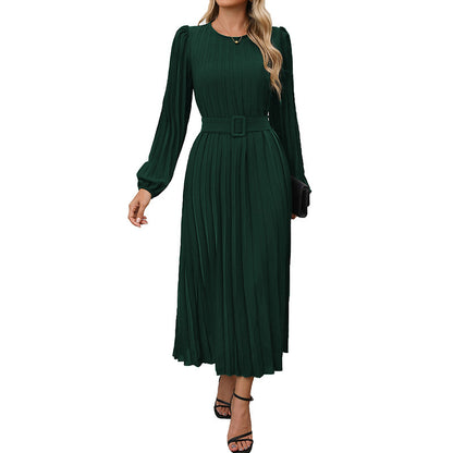 Elegant Dark Green High-Waist Long-Sleeve Dress - Vogue Aura