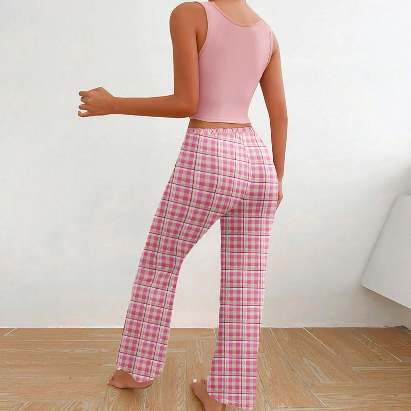 Cute Women Clothing Homewear Vest Color Matching Plaid Trousers Letter Print Top Women Suit Pajamas For Women - Vogue Aura