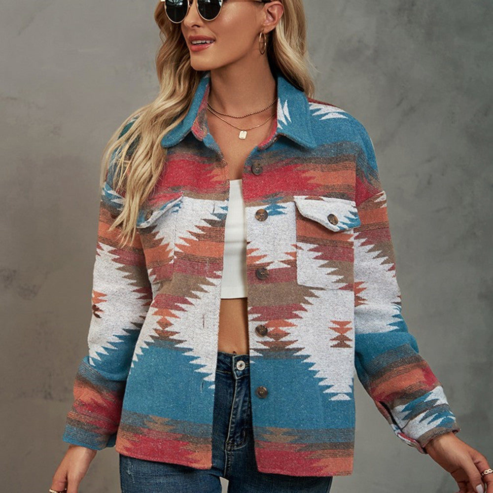 Geometric Pattern Cropped Jacket with Lapel Collar - Vogue Aura