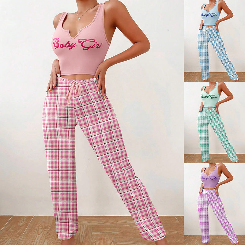 Cute Women Clothing Homewear Vest Color Matching Plaid Trousers Letter Print Top Women Suit Pajamas For Women - Vogue Aura