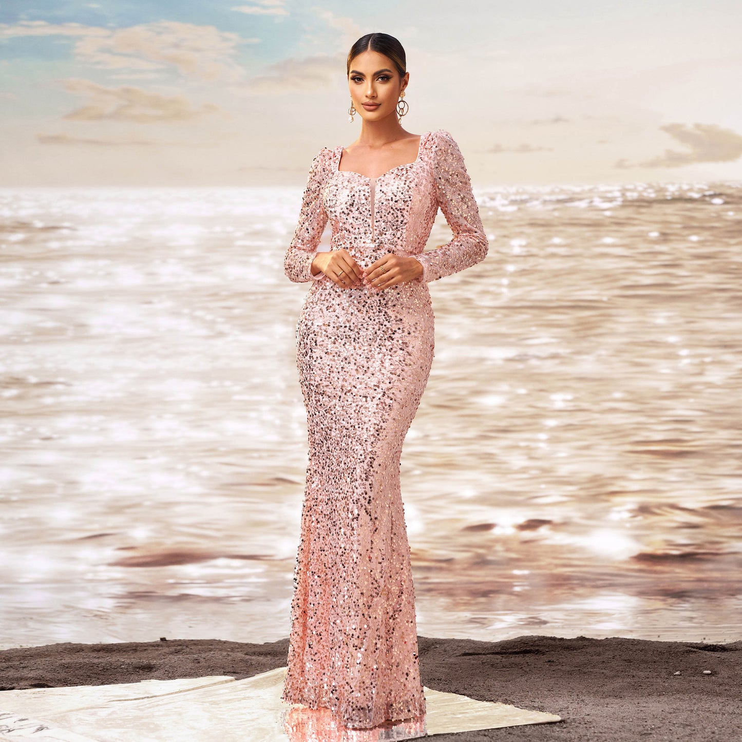 Rose Gold Long Sleeve Square-neck Elegant Evening Dress - Vogue Aura