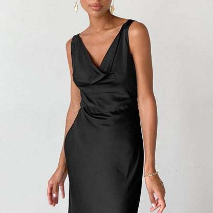 Elegant Black Satin High-Waist Long Dress - Vogue Aura