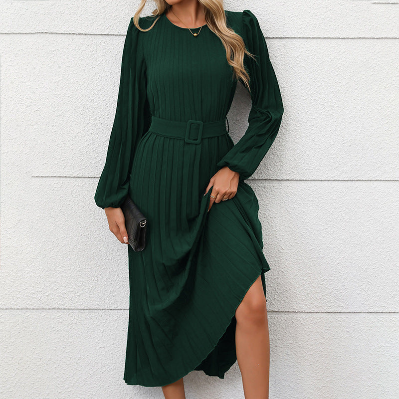 Elegant Dark Green High-Waist Long-Sleeve Dress - Vogue Aura