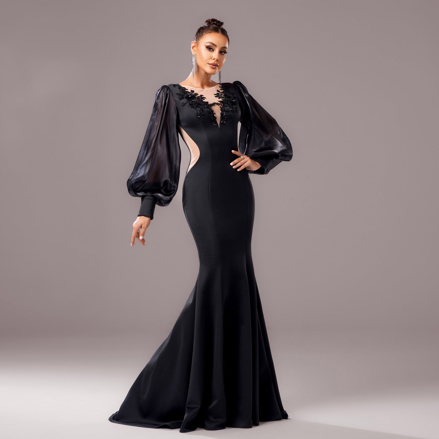 Elegant Black Long Sleeve High Waist Dress with Sequins