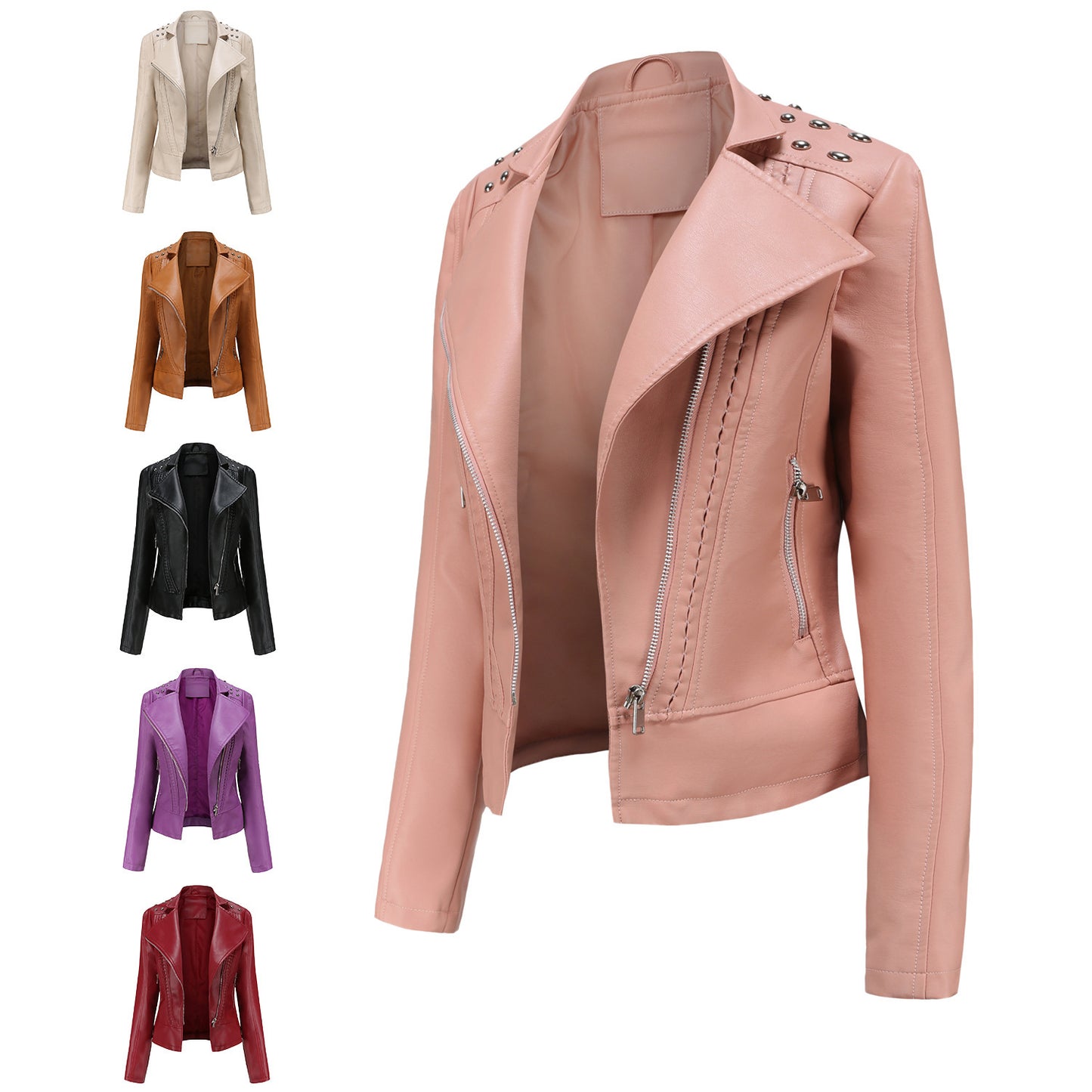 Beaded Leather Women's Long-sleeved Fashion Jacket Lapel Motorcycle Clothing Thin Women's Jacket - Vogue Aura