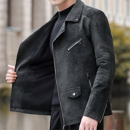 Men's Velvet Padded Leather Coat with Suit Collar - Vogue Aura