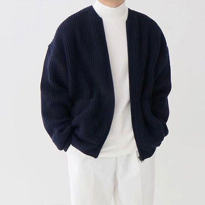 Men's Elegant Zip-Up Knitted Cardigan with Funnel Neck and Pockets - Vogue Aura