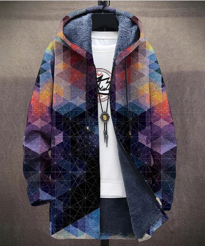 Elegant Hooded Fleece Padded Coat with Digital Prints - Vogue Aura