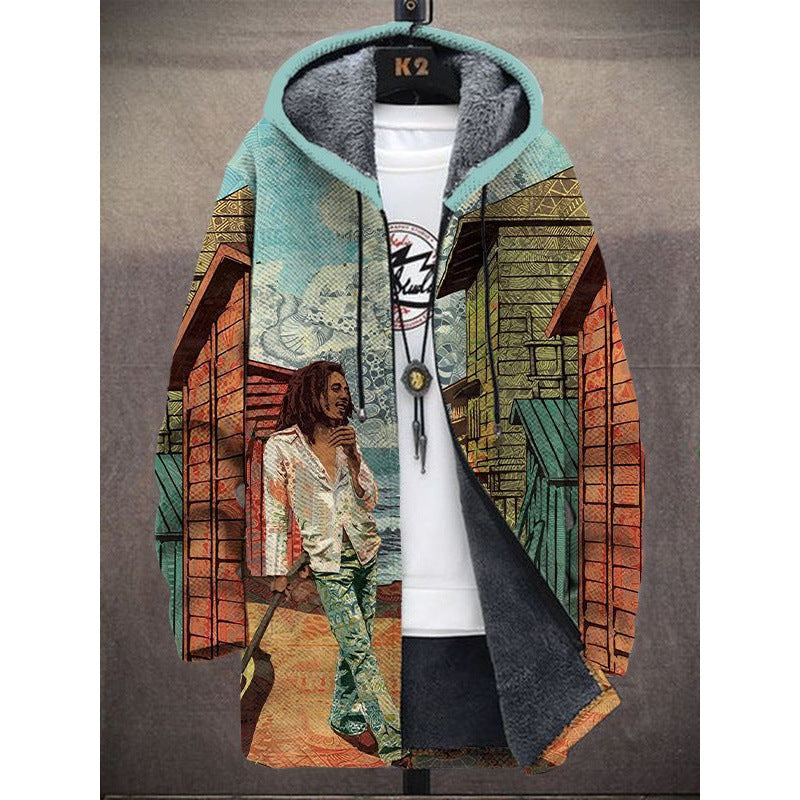 Elegant Hooded Fleece Padded Coat with Digital Prints - Vogue Aura