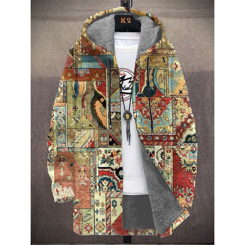 Elegant Hooded Fleece Padded Coat with Digital Prints - Vogue Aura