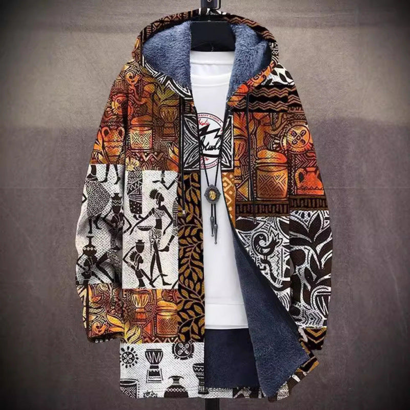 Elegant Hooded Fleece Padded Coat with Digital Prints - Vogue Aura