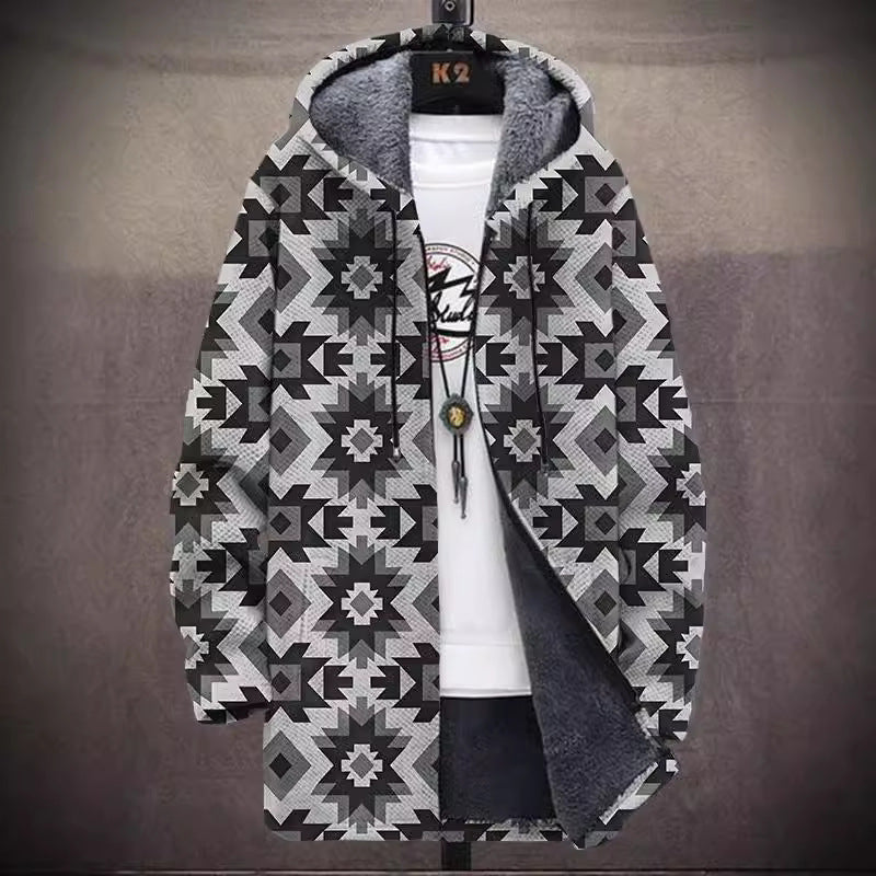 Elegant Hooded Fleece Padded Coat with Digital Prints - Vogue Aura