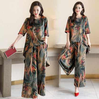 Loose Pants and Short Sleeves Vintage Printed Pajamas - Vogue Aura