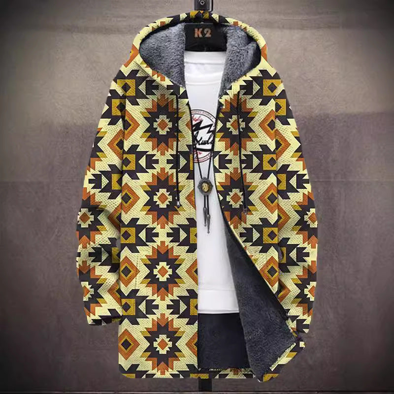 Elegant Hooded Fleece Padded Coat with Digital Prints - Vogue Aura