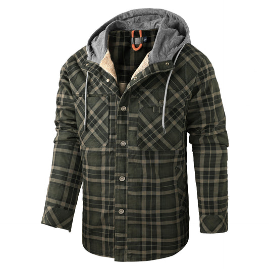 Men's Fleece-lined Plaid Hooded Jacket for Autumn and Winter - Vogue Aura