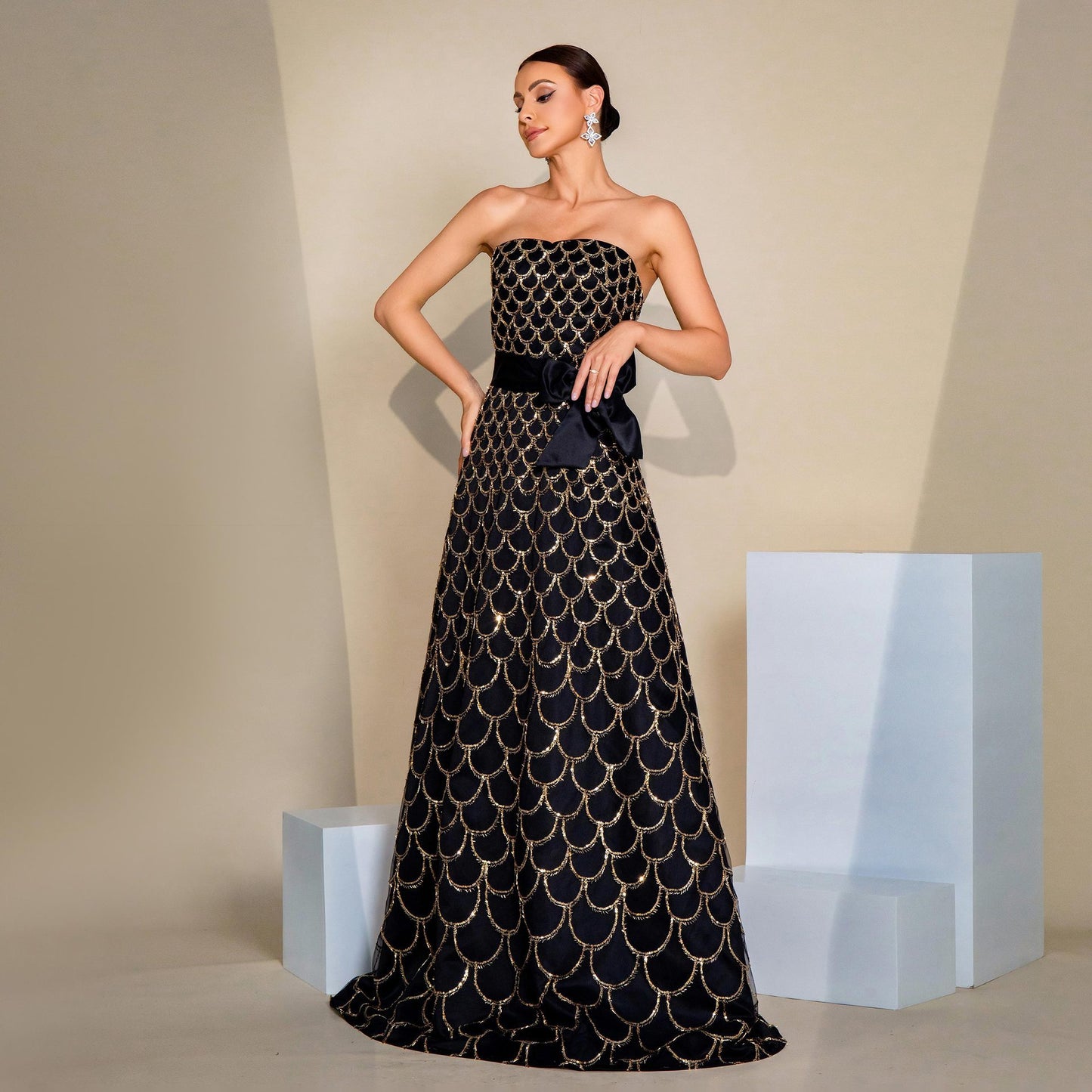 Black Off-Neck Nipped-Waist Sequined Evening Dress