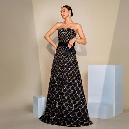 Black Off-Neck Nipped-Waist Sequined Evening Dress - Vogue Aura