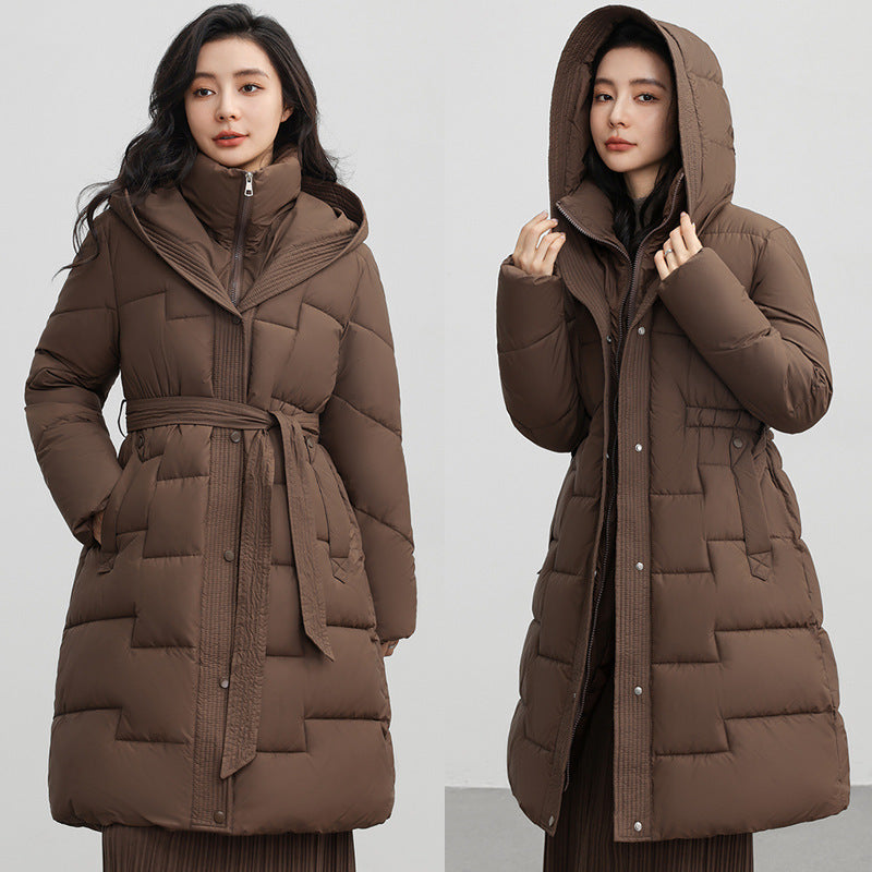 Mid-length Hooded Women’s Winter Coat with Waist Trimming and Down Cotton Filling - Vogue Aura